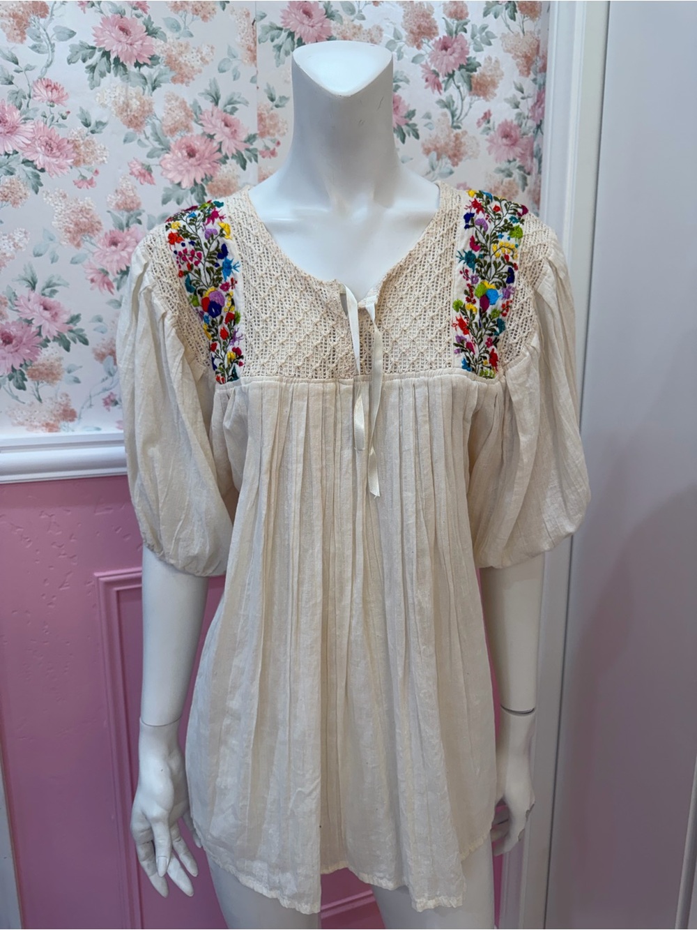 Hand made cotton Women's Cream Peasant Blouse with Multicolor Embroidery